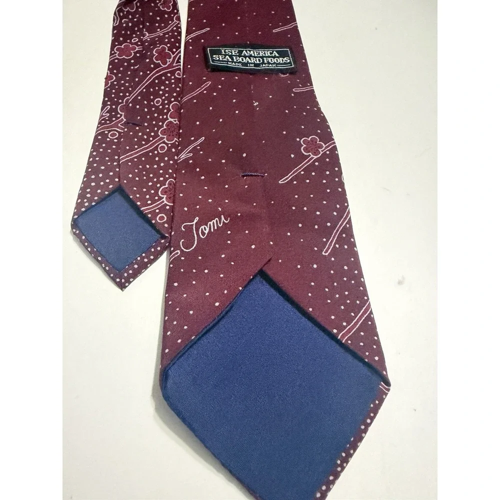 Ise America Sea Board Foods Men Burgundy Floral Polka Dot Tie Made in Japan Tomi